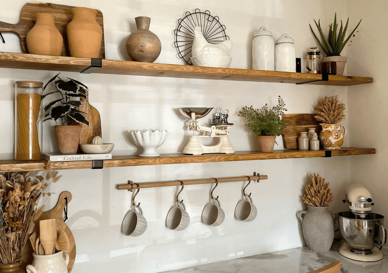 Wall-to-wall open shelving, one of the farmhouse style trends to avoid