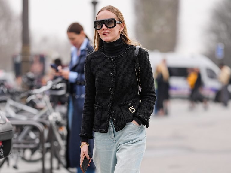 tweed jacket and jeans outfit with turtleneck and sunglasses